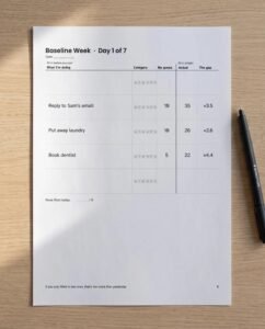 ADHD time blindness planner pages: Realistic Day, actual-size hourly page and Baseline Week tracker