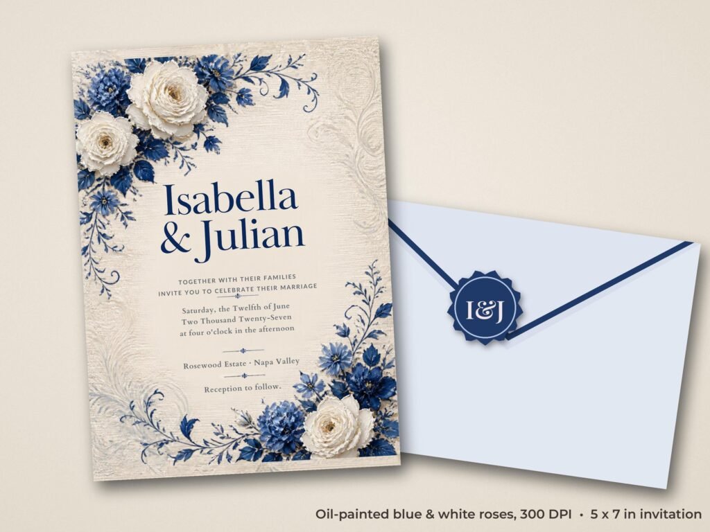 Printed blue and white wedding invitations in 5x7 with a pale blue envelope and wax seal