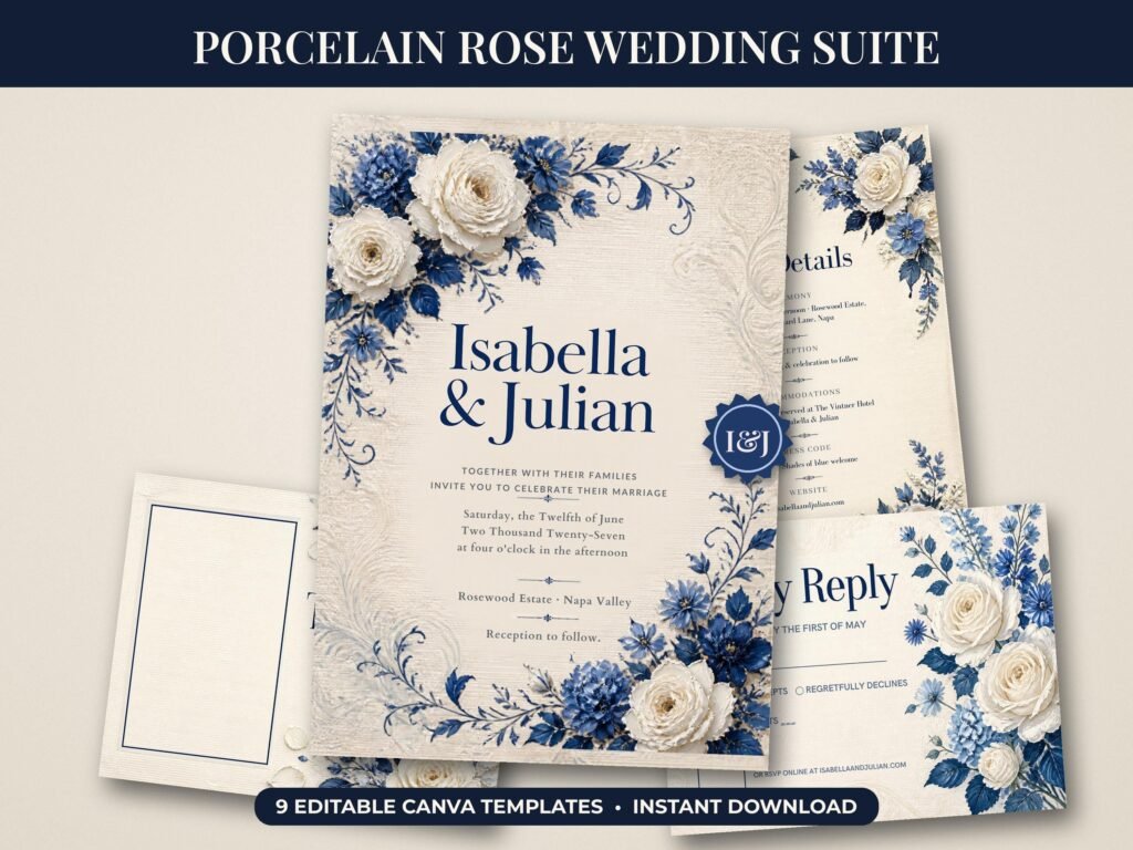 Blue and white wedding invitation suite with painted ivory roses and indigo blooms, editable in Canva