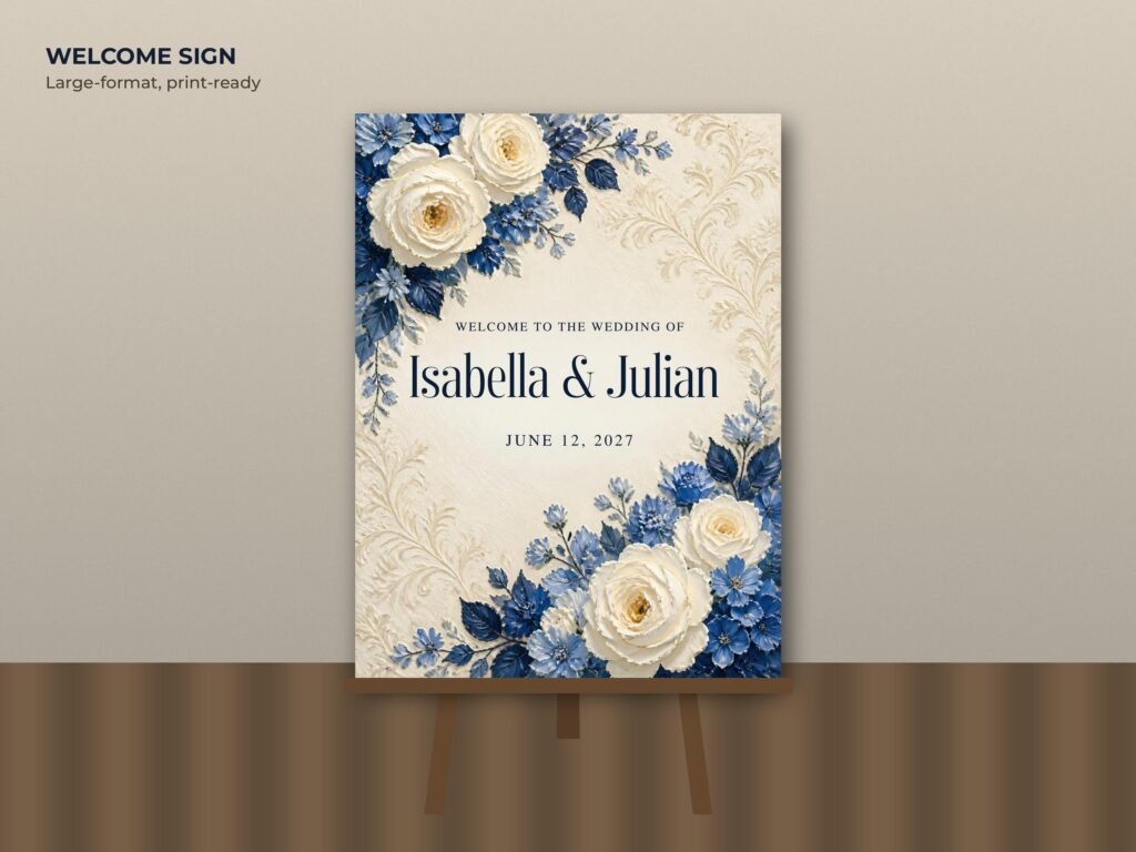 Blue and white rose wedding welcome sign 18x24 on an easel