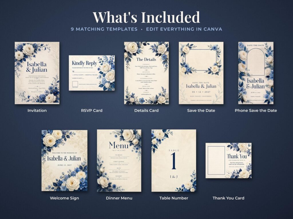 Nine matching blue and white wedding templates: invitation, RSVP, details card, save the dates, welcome sign, menu, table number and thank you card
