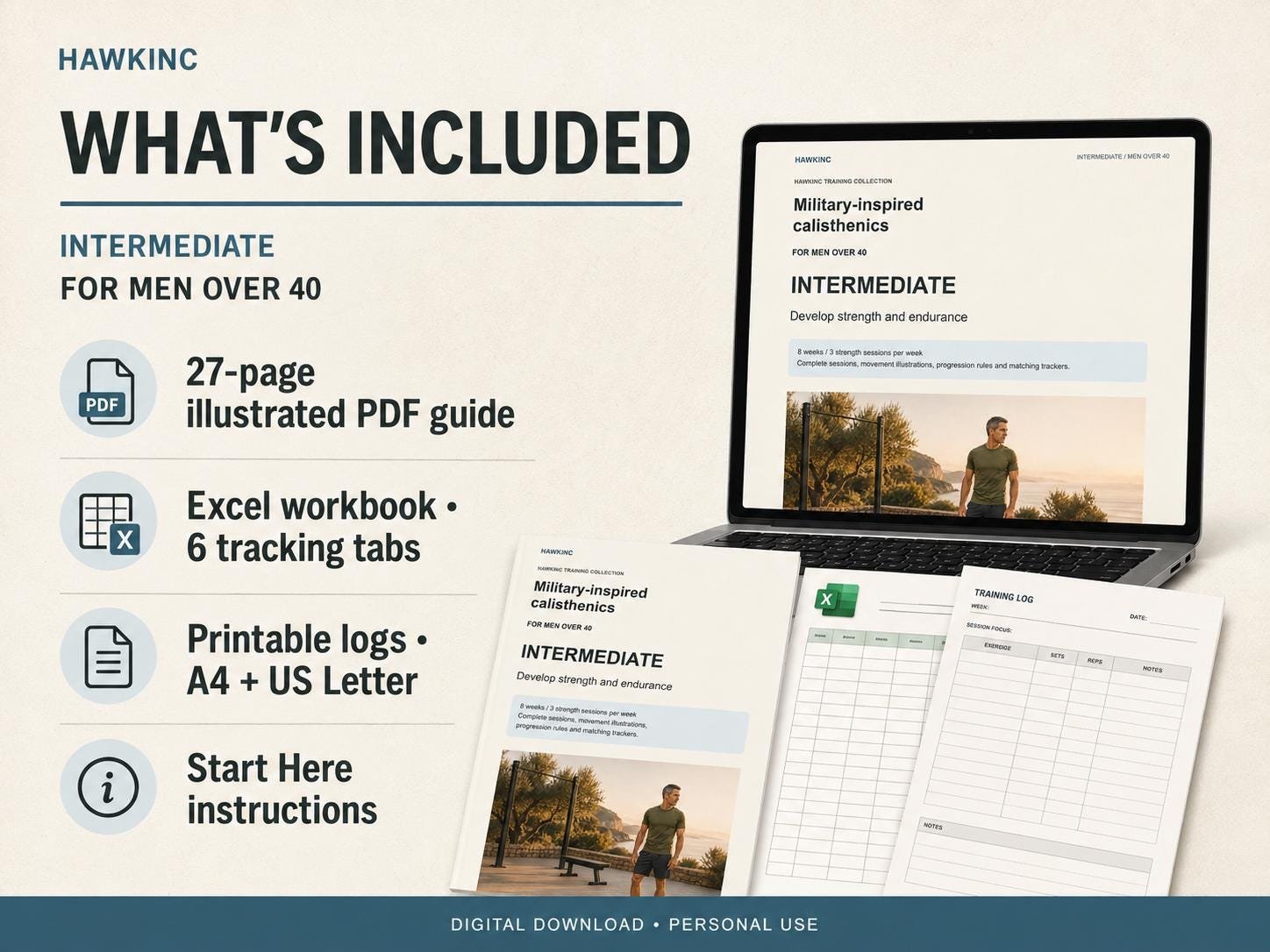 What is included: 27-page illustrated PDF guide, 6-tab Excel workbook, printable A4 and US Letter logs, Start Here file