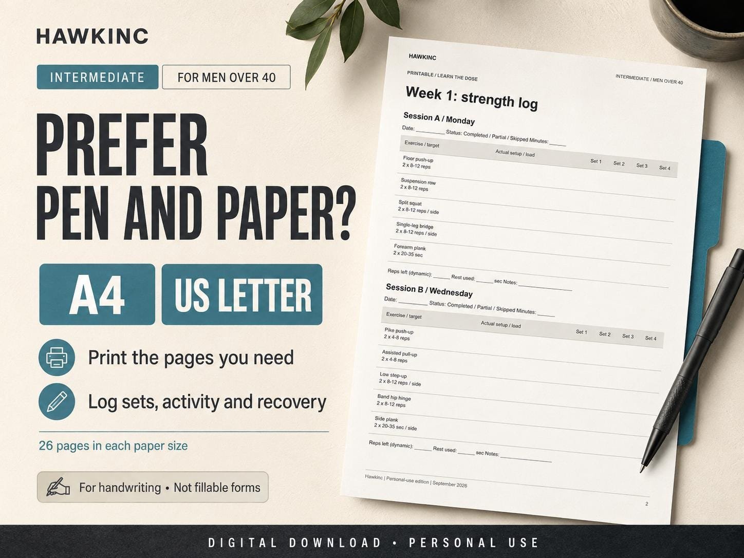 Printable Week 1 strength log with Session A and Session B, target and actual reps