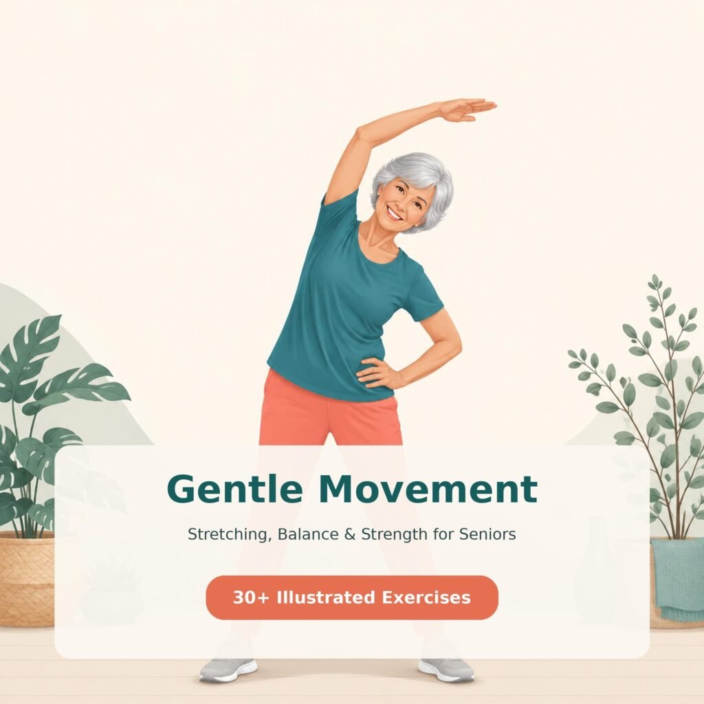 Chair exercises for seniors printable PDF cover with a smiling older woman doing a seated side stretch