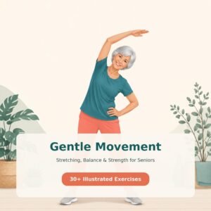 Chair exercises for seniors printable PDF cover with a smiling older woman doing a seated side stretch