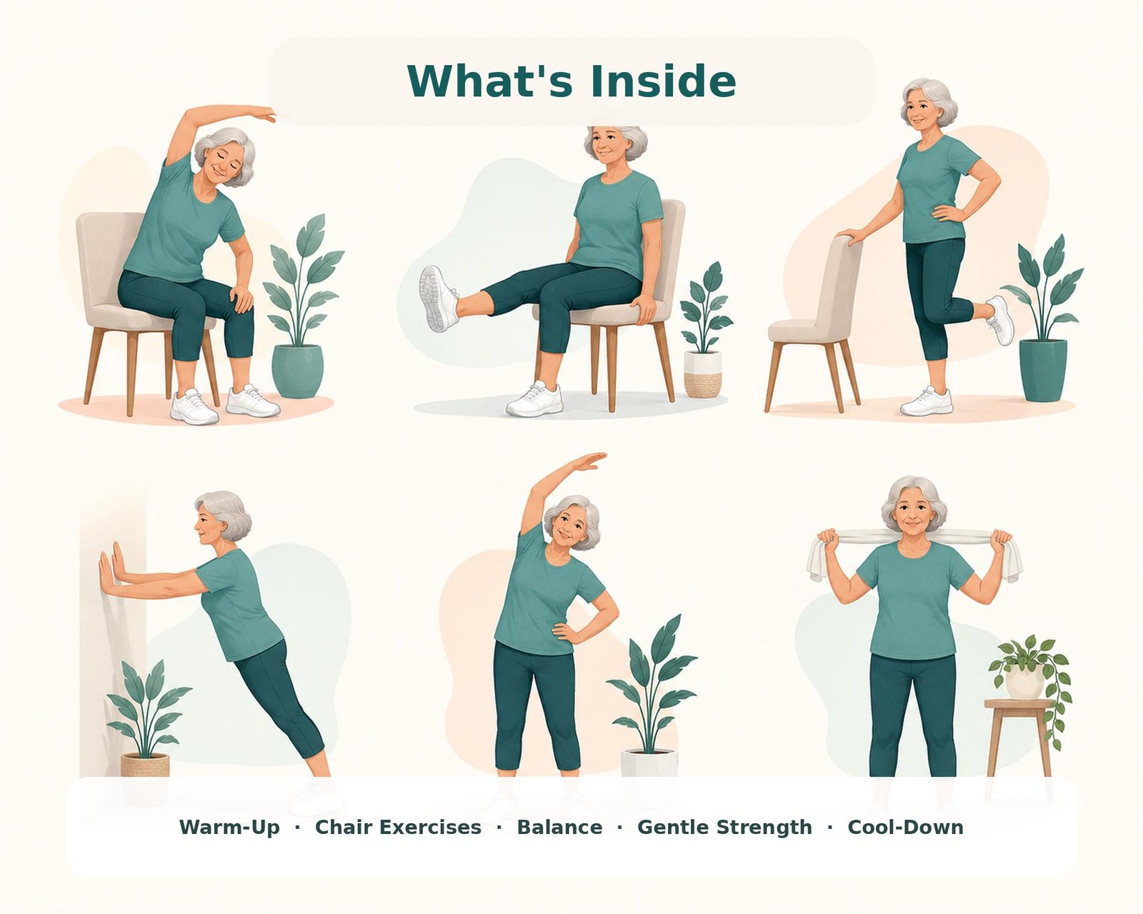 Six gentle moves inside the guide: seated side bend, leg extension, chair-supported leg lift, wall push-up, side reach and towel stretch