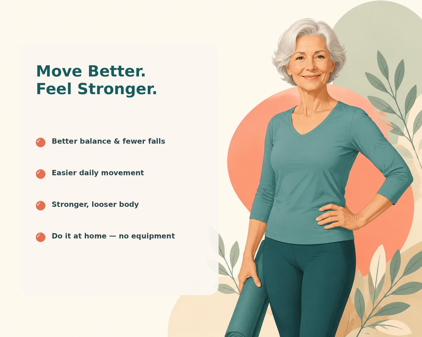Benefits panel: better balance, easier daily movement, stronger body, no equipment needed
