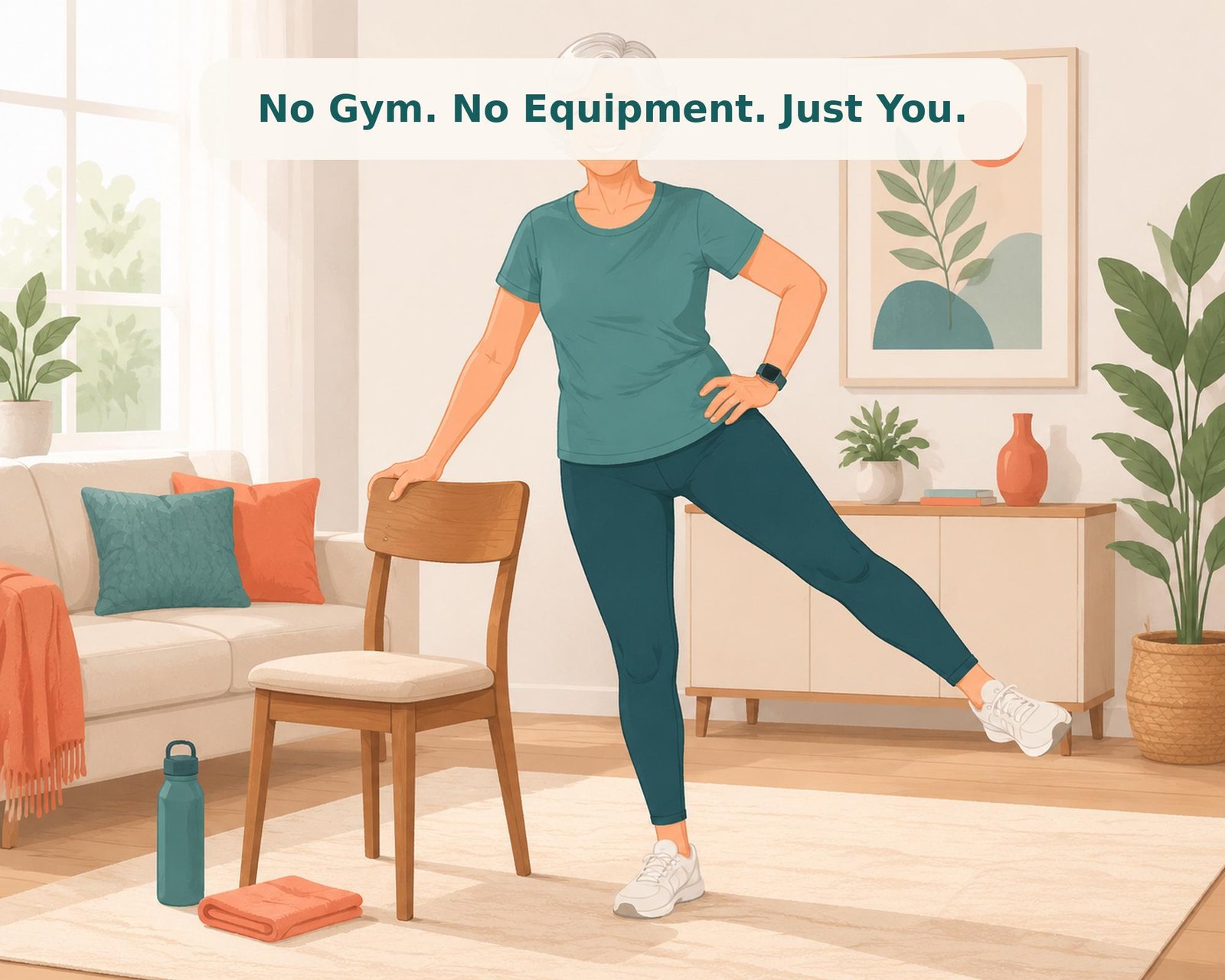 Older woman holding a chair back for support during a standing side leg lift at home