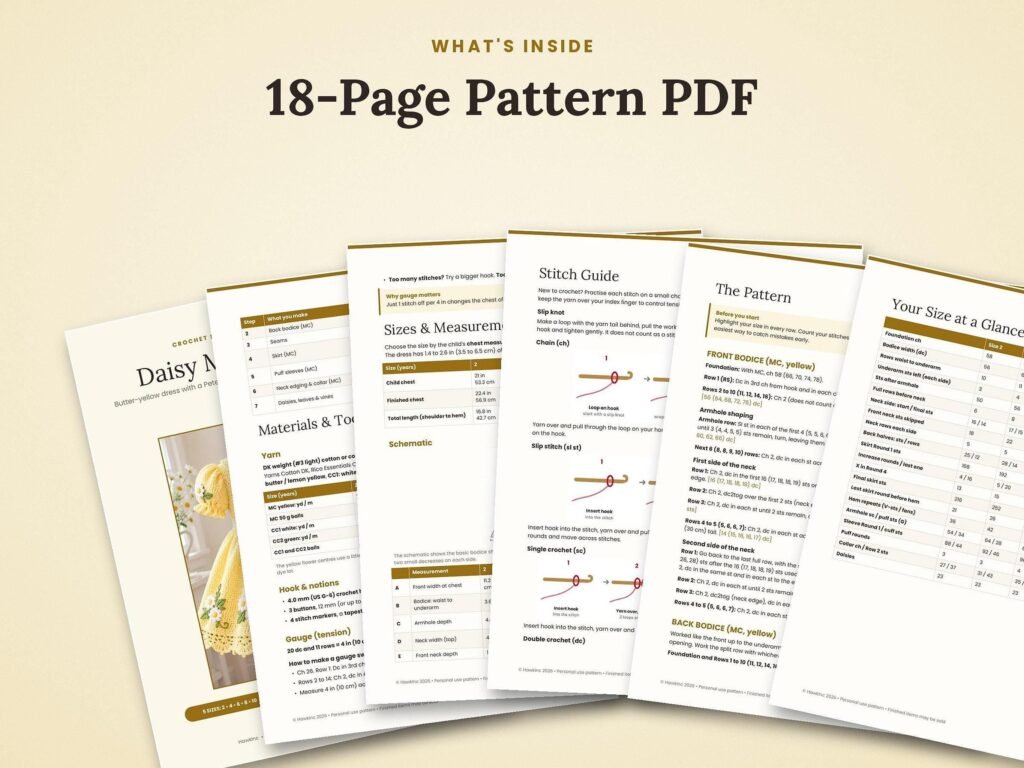 Pages of the 18-page Daisy Meadow crochet dress pattern PDF with row-by-row instructions