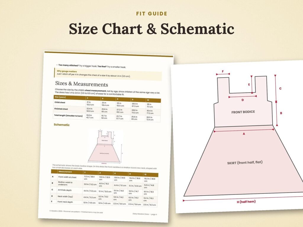 Size chart, finished measurements and schematic for the girls crochet dress pattern