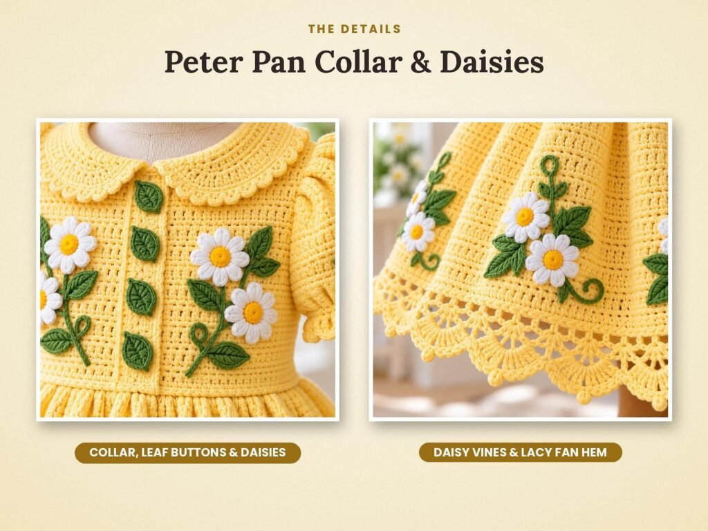 Close-up of the scalloped crochet Peter Pan collar and crochet daisy and leaf motifs