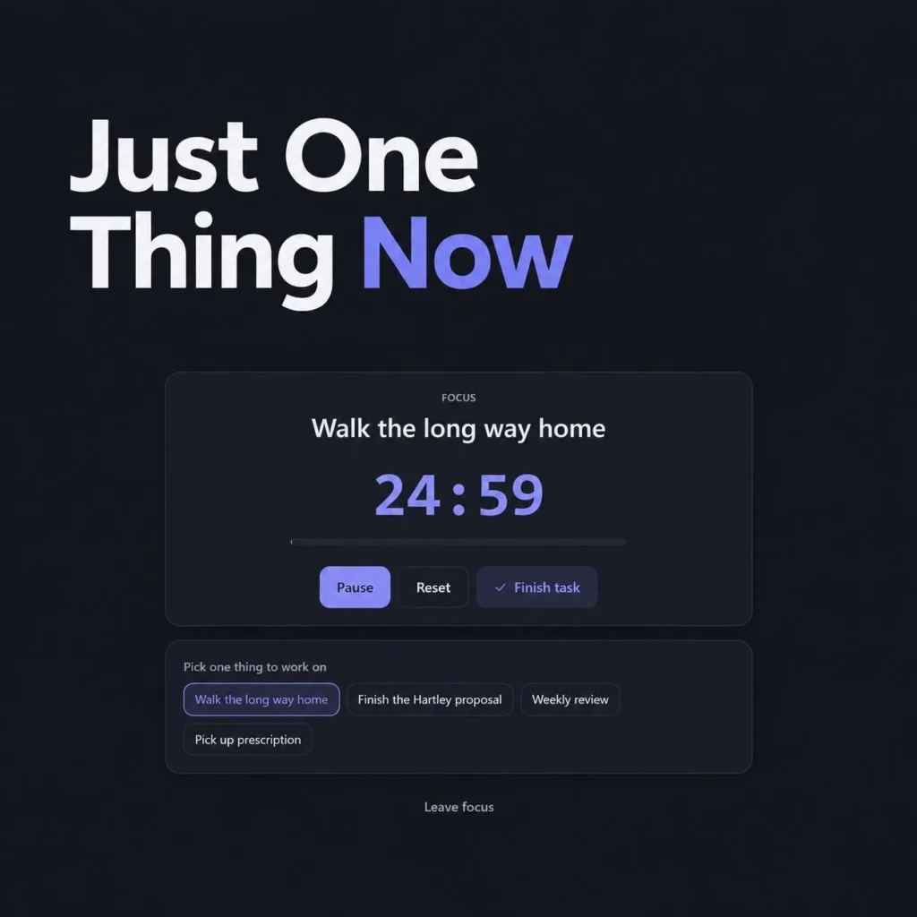 Focus mode in the daily planner with a 25-minute countdown timer on a single task and a list of tasks to pick next