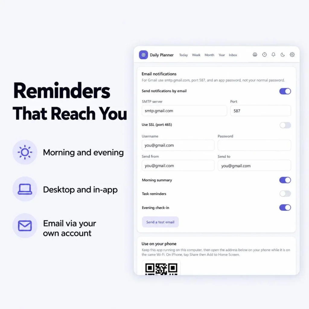 Reminder settings in the offline daily planner with morning and evening reminders, desktop notifications and email reminders through your own account