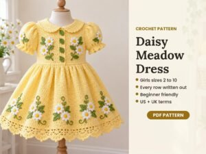 Daisy Meadow crochet dress pattern for girls sizes 2 to 10, butter yellow dress with white daisies and Peter Pan collar