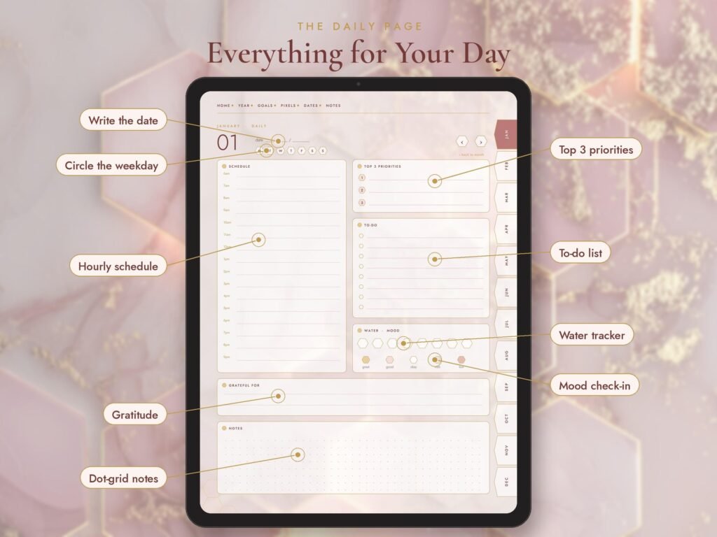 Digital daily planner page with hourly schedule, top 3 priorities and to-do list for 2027