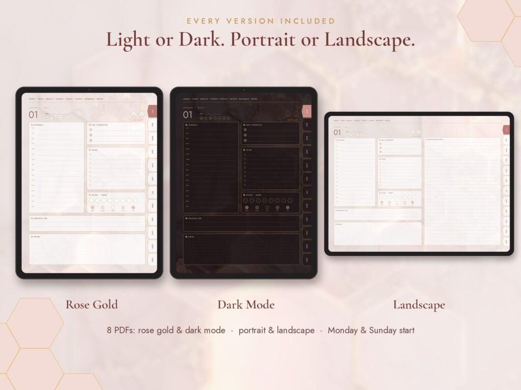 Rose gold digital planner in light and dark mode, portrait and landscape versions