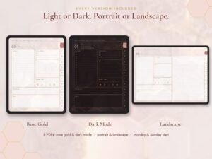 Rose gold digital planner in light and dark mode, portrait and landscape versions