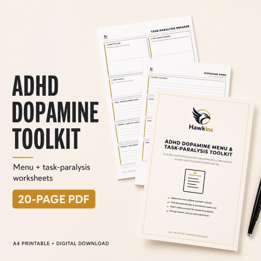 ADHD dopamine menu template printable: cover of the 20-page ADHD Dopamine Toolkit PDF with pages fanned out beside a pen