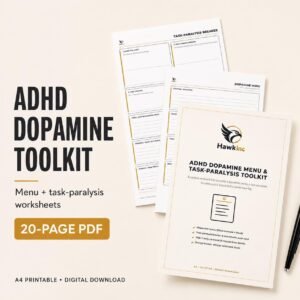 ADHD dopamine menu template printable: cover of the 20-page ADHD Dopamine Toolkit PDF with pages fanned out beside a pen