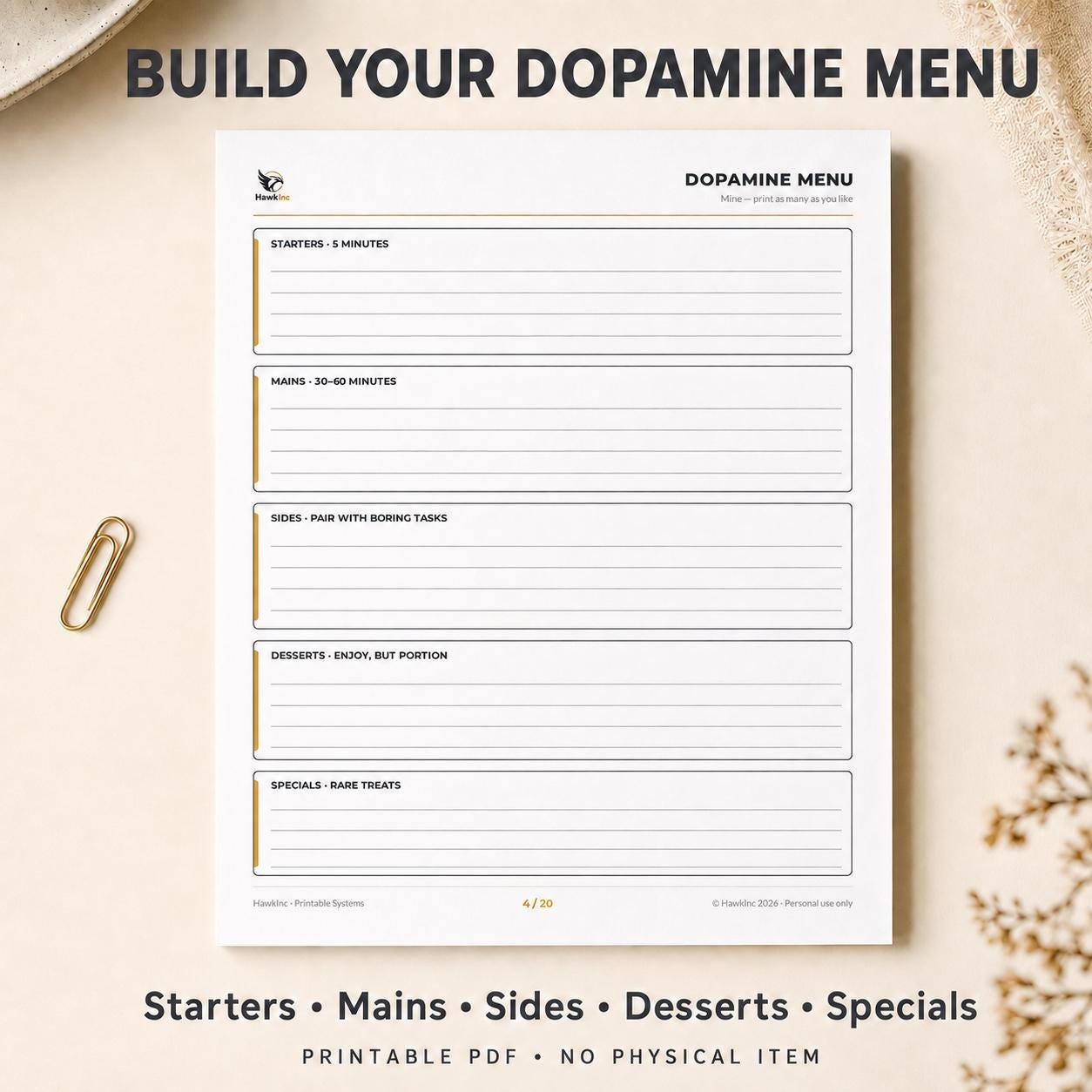 Dopamine menu printable page with sections for starters, mains, sides, desserts and specials