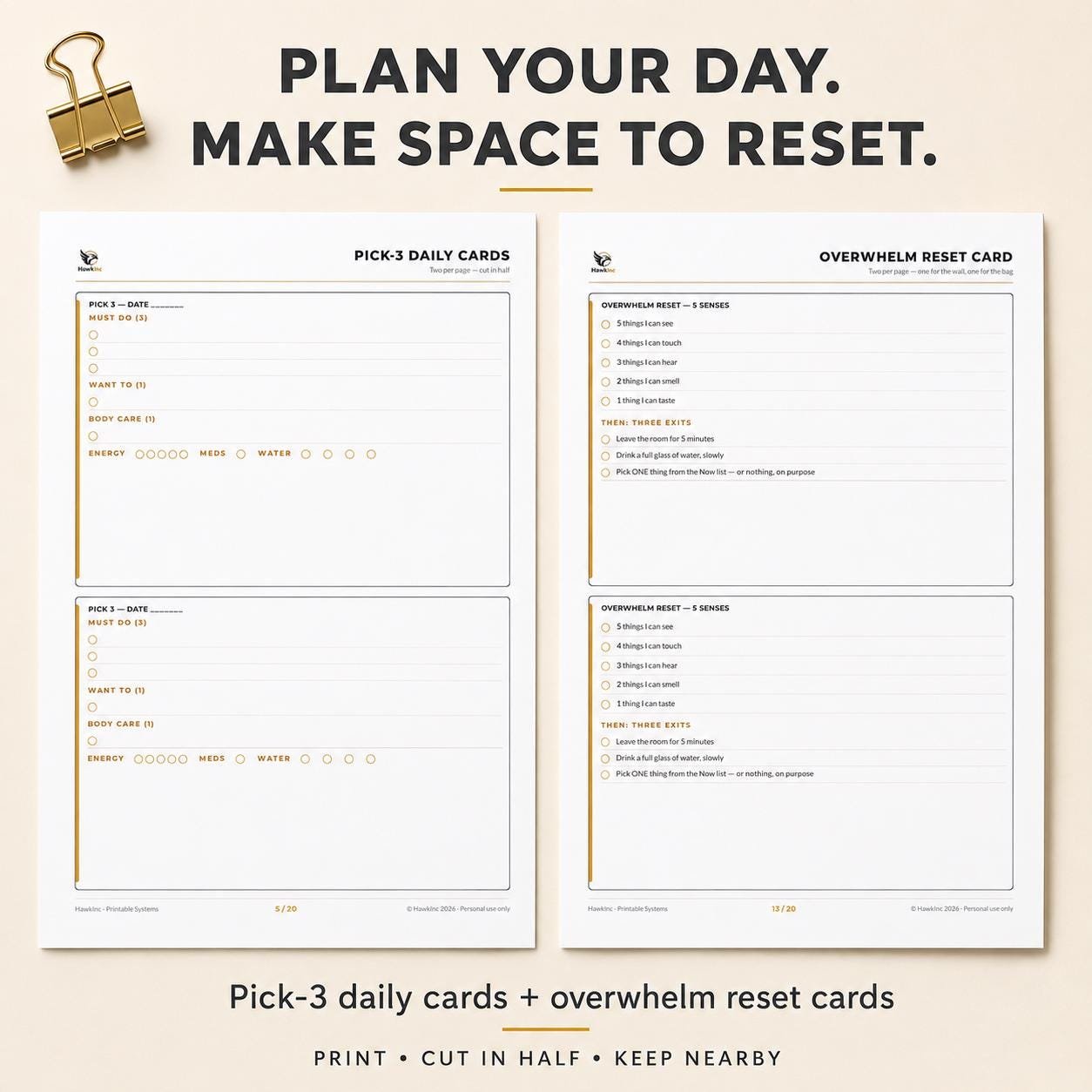 Pick-3 Daily Cards and Overwhelm Reset Cards printed on A4, ready to cut in half