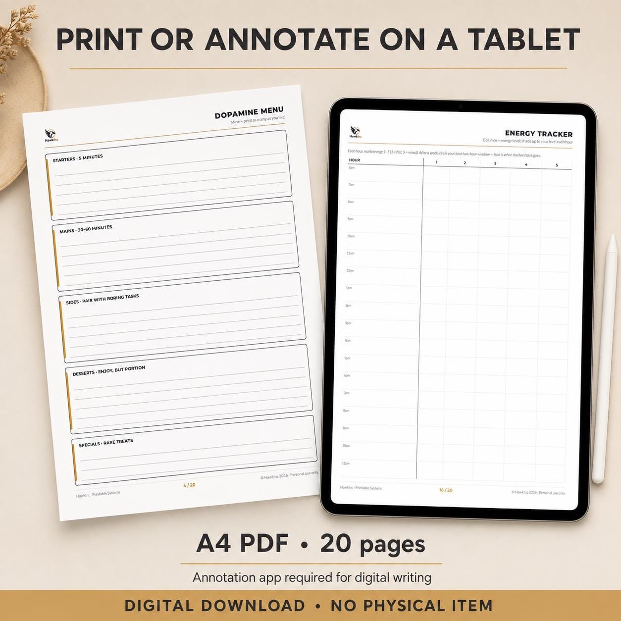 Printed dopamine menu for ADHD and an energy tracker page open in an annotation app on a tablet with a stylus