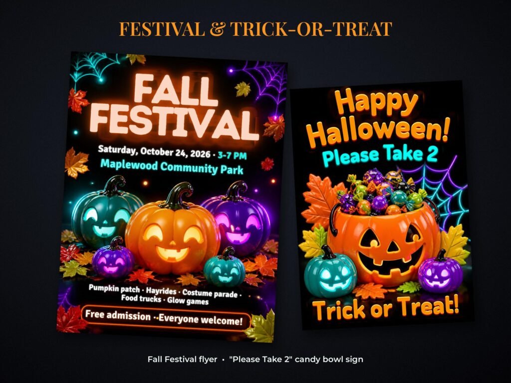Neon fall festival flyer and Please Take 2 trick-or-treat candy bowl sign