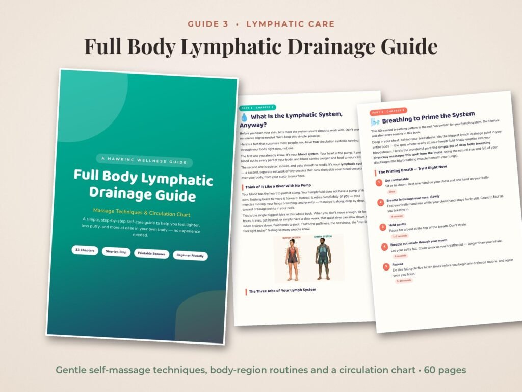 Full Body Lymphatic Drainage Guide pages showing self-massage steps by body region