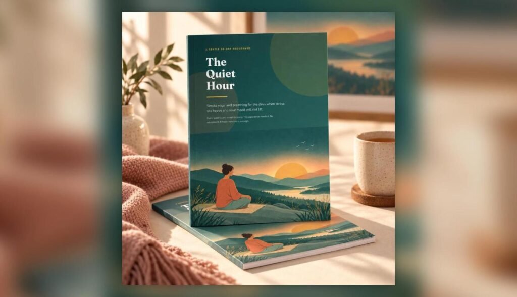 The Quiet Hour gentle 30-day yoga and breathing programme book for anxiety, on a cozy desk