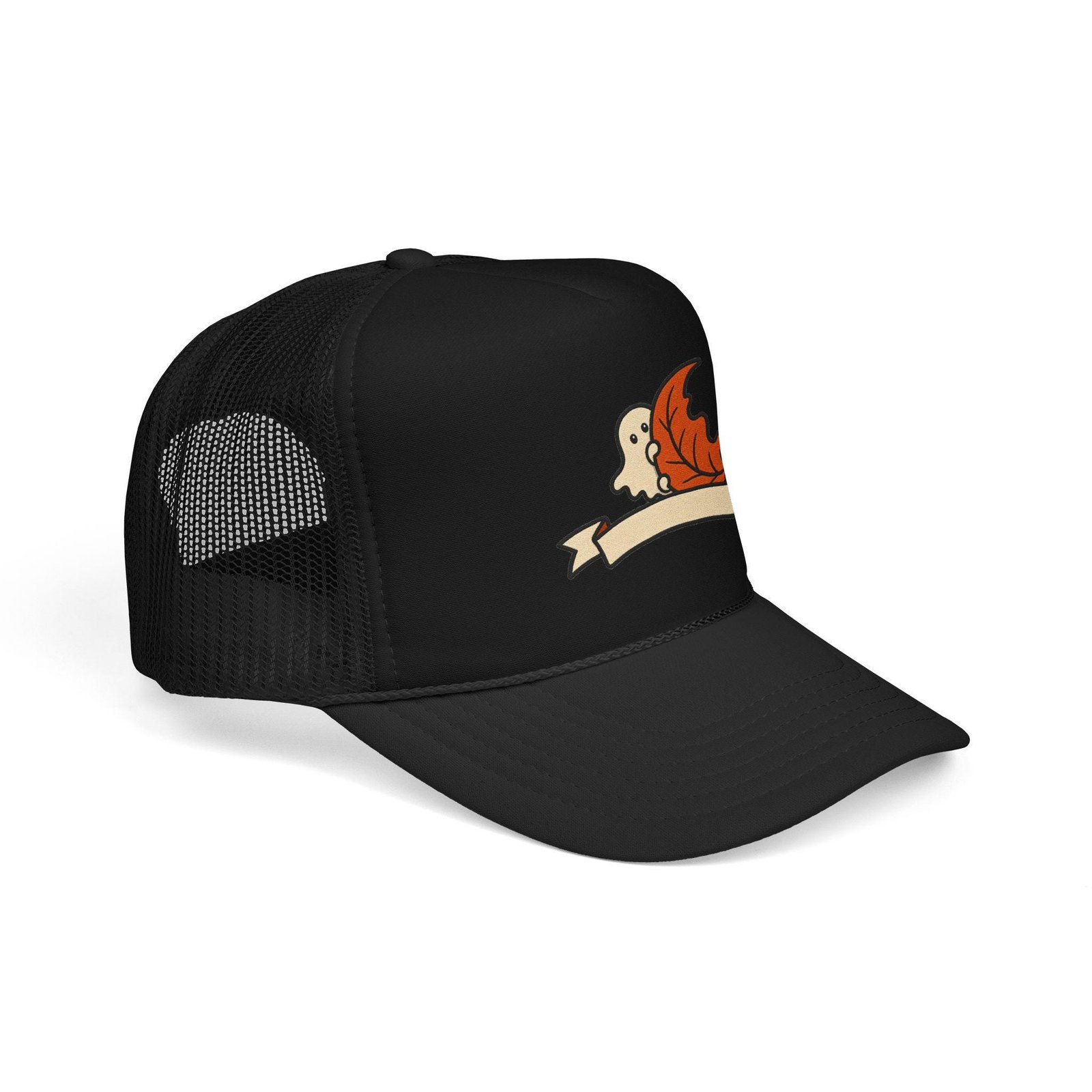 Side view of the black ghost and maple leaf trucker hat showing the mesh back and curved visor