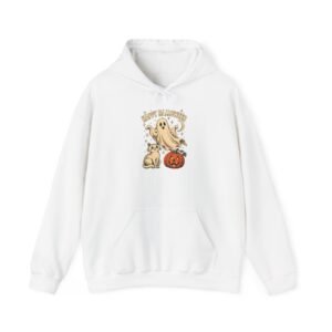 White hoodie with a vintage-style ghost, a sitting cat and a carved pumpkin under Happy Halloween lettering