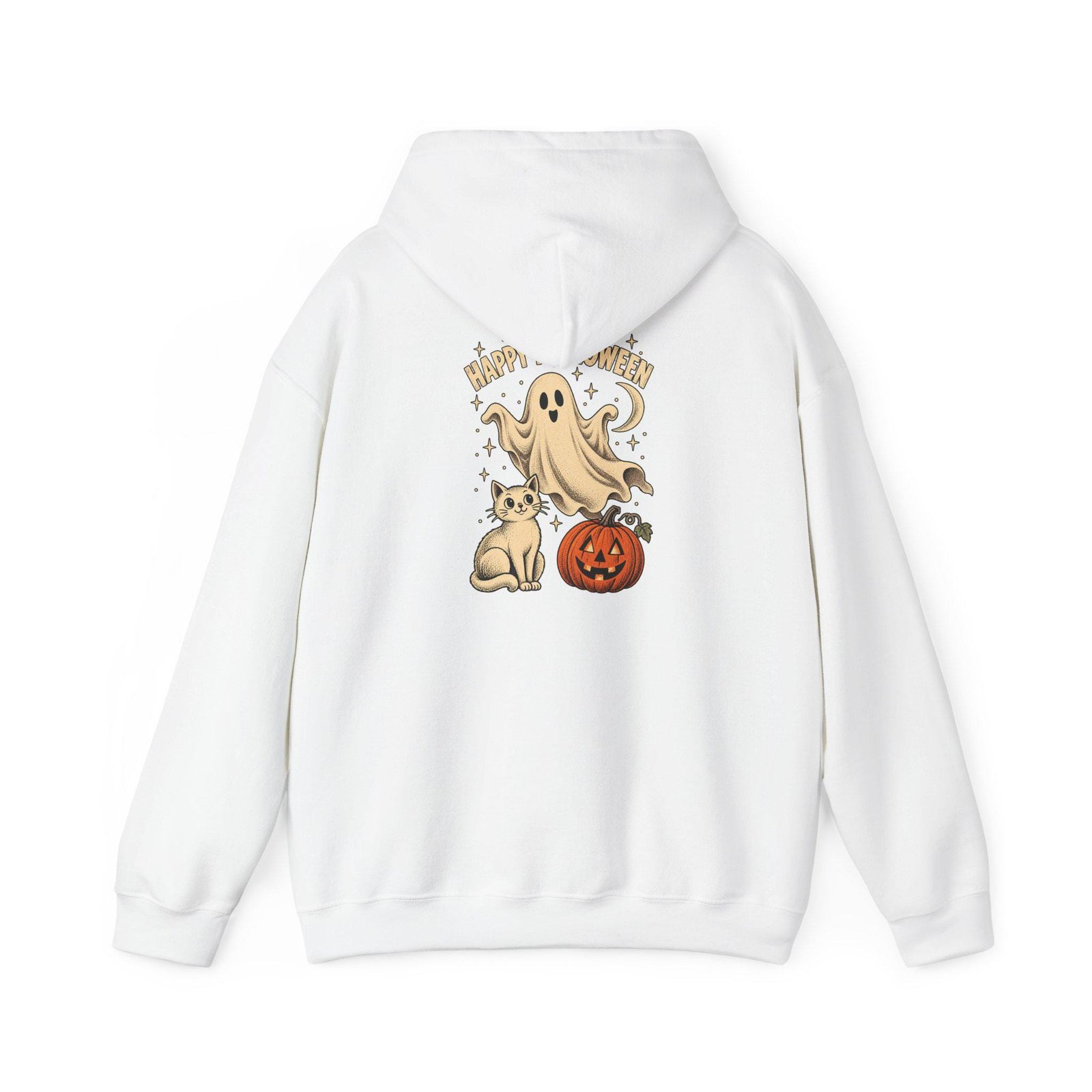 Back of the white ghost and cat Halloween hoodie with the same ghost, cat and pumpkin print