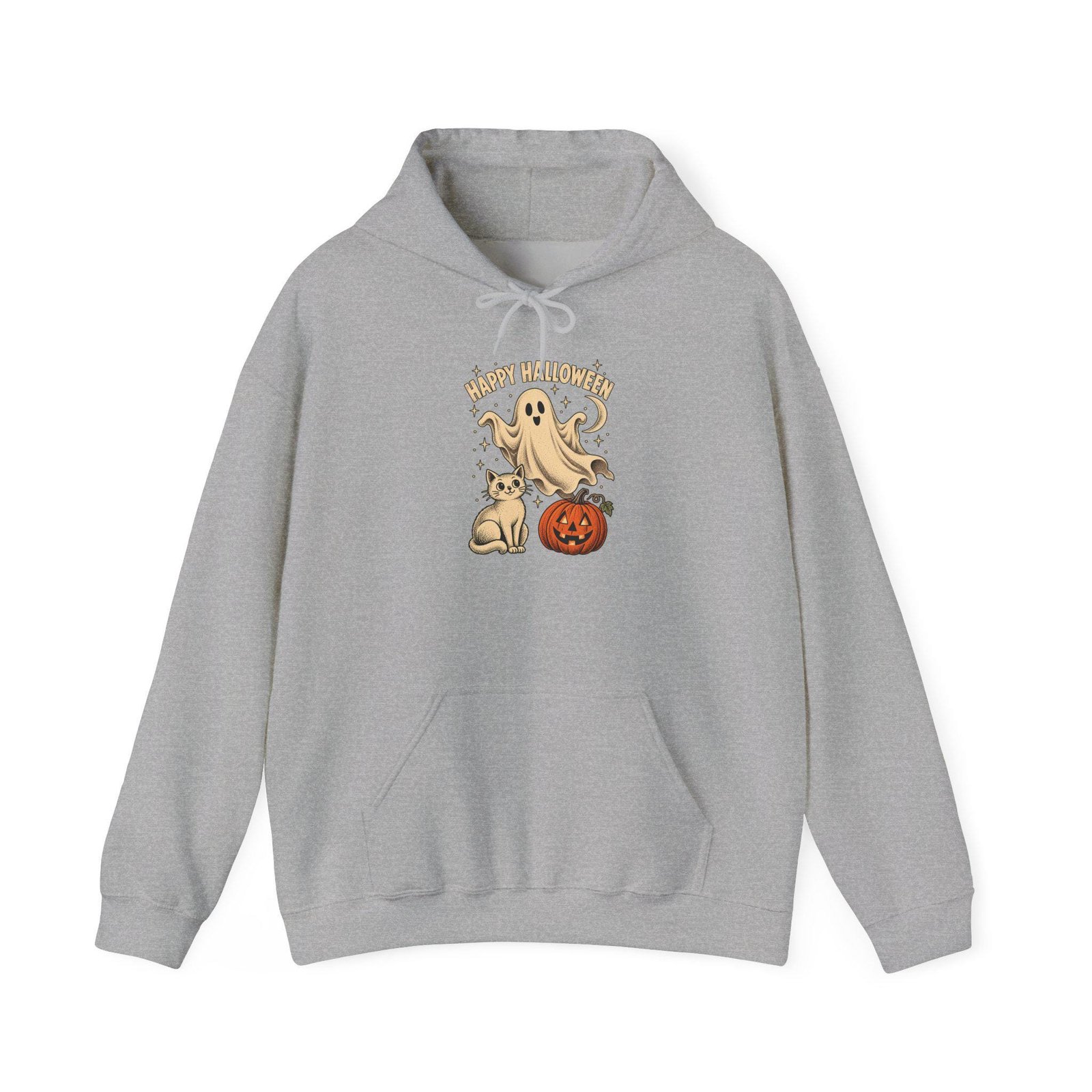 Sport grey pullover hoodie with the ghost, cat and pumpkin Halloween graphic on the front
