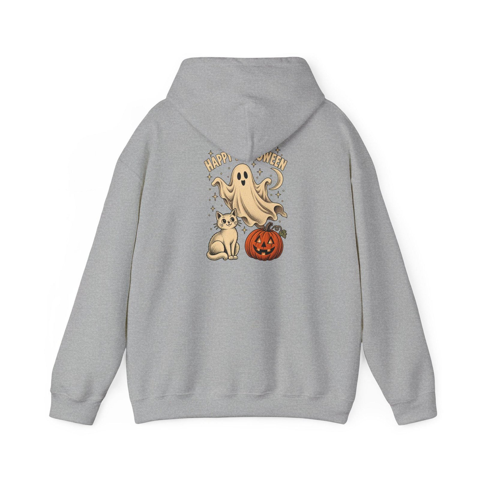 Back view of the sport grey ghost and cat hoodie showing the hood and back print