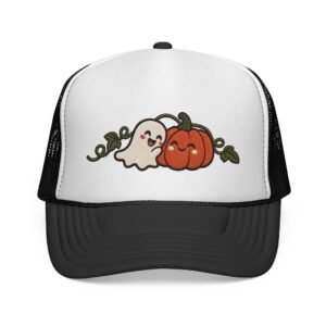 White and black foam trucker hat printed with a cute ghost hugging a smiling jack-o-lantern on a vine