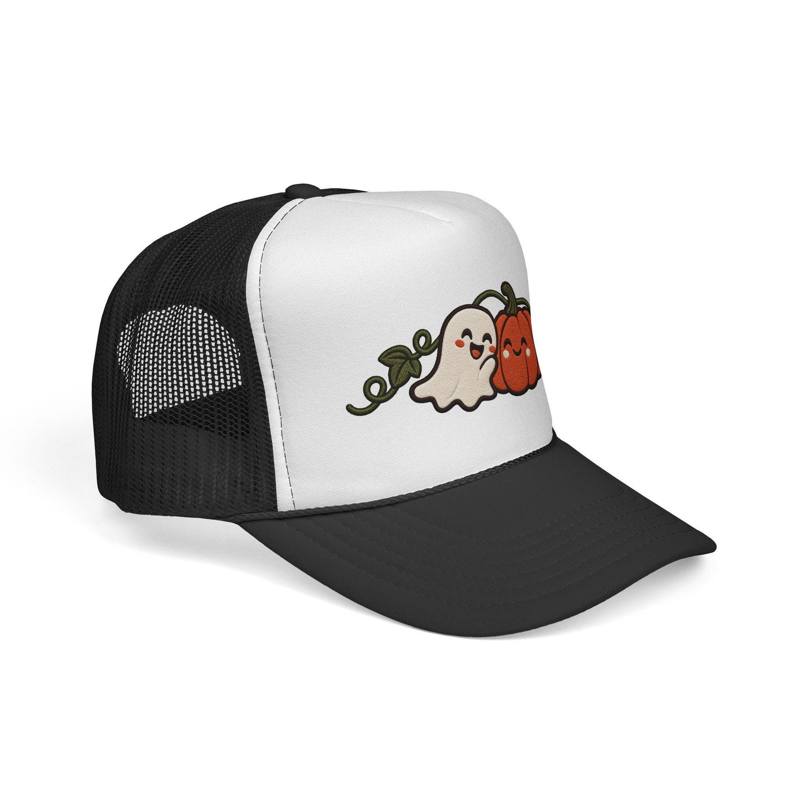 Side view of the ghost and pumpkin trucker hat with a black mesh back and black visor