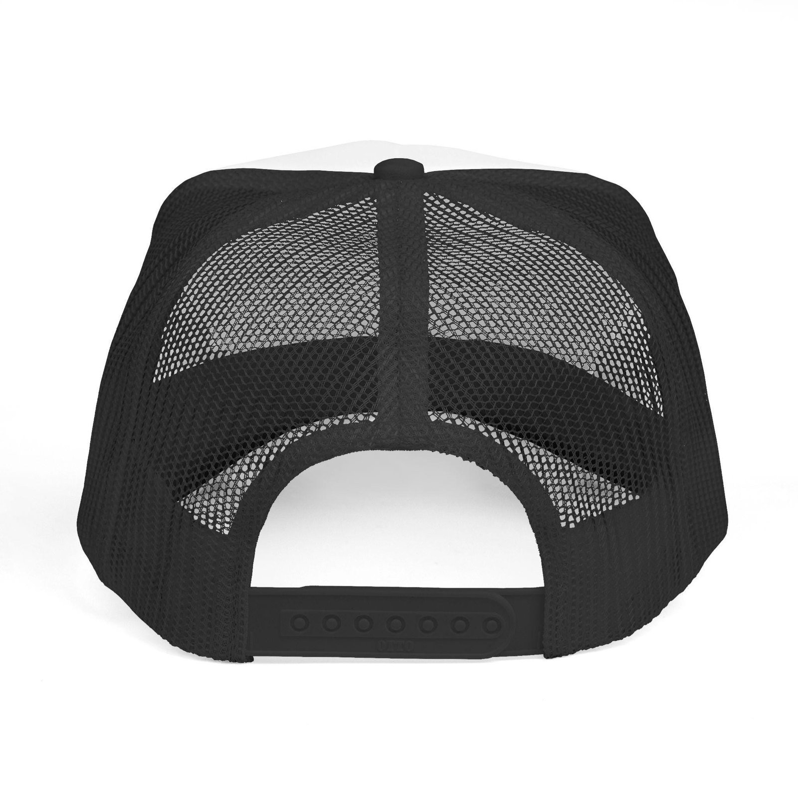 Back of the trucker hat showing black breathable mesh and the adjustable snap closure