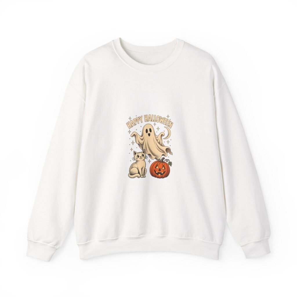 White crewneck sweatshirt with a friendly ghost, a little puppy and a carved pumpkin under Happy Halloween text