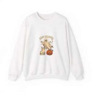 White crewneck sweatshirt with a friendly ghost, a little puppy and a carved pumpkin under Happy Halloween text