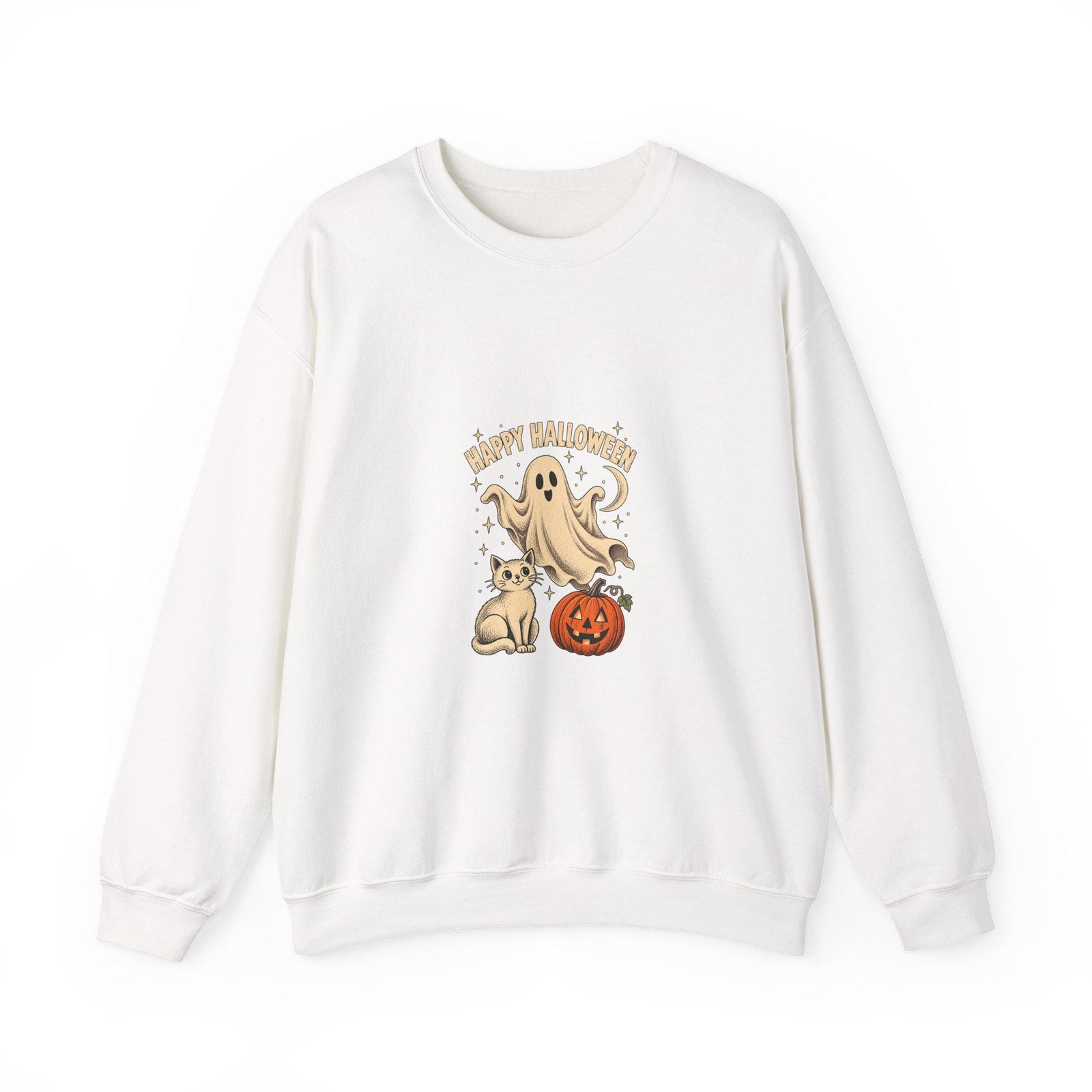 White crewneck sweatshirt with a friendly ghost, a little puppy and a carved pumpkin under Happy Halloween text
