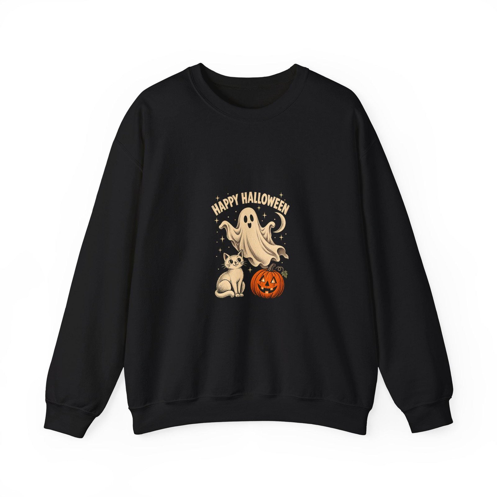 Black crewneck sweatshirt with the ghost, puppy and pumpkin Happy Halloween illustration