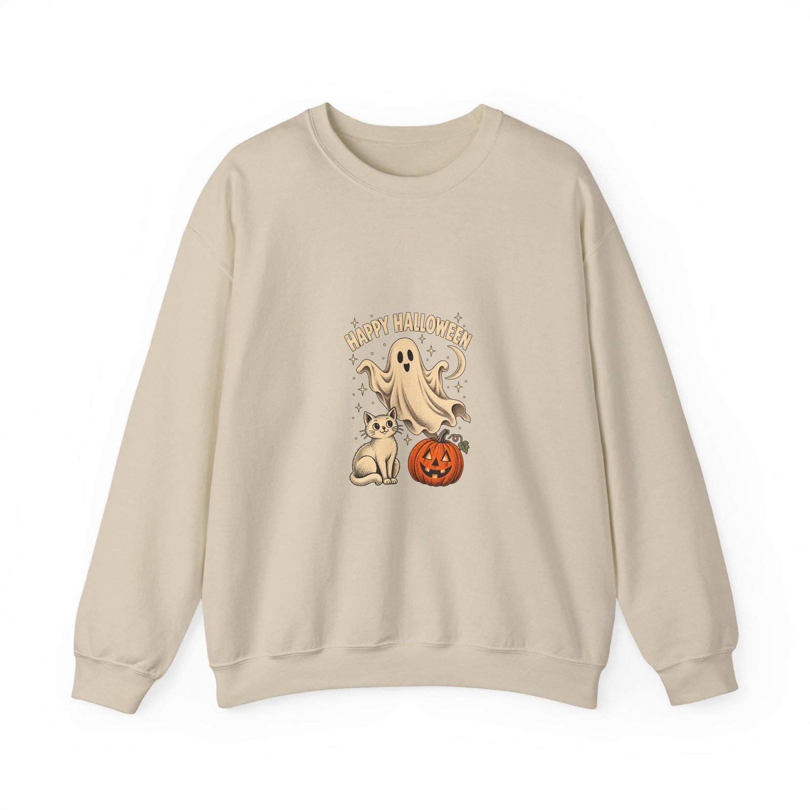 Sand coloured crewneck sweatshirt with the vintage ghost and puppy Halloween design