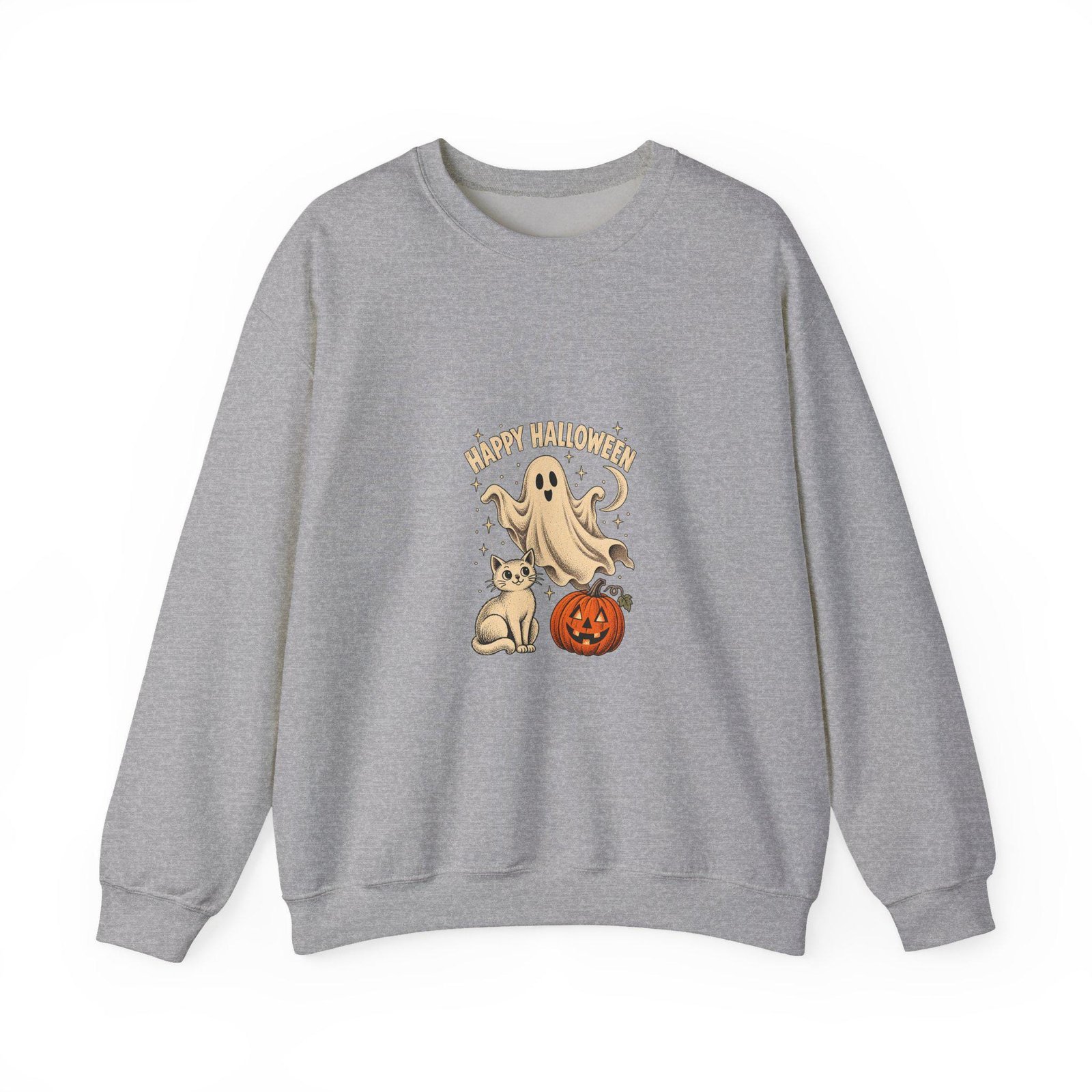 Sport grey crewneck sweatshirt printed with a ghost, puppy and jack-o-lantern