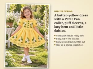 Little girl wearing a butter yellow crochet dress with Peter Pan collar, puff sleeves and white daisies