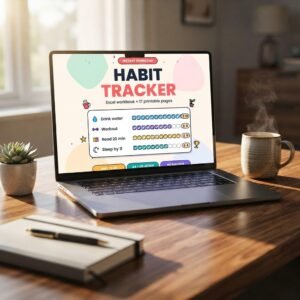 Laptop on a desk showing a colourful habit tracker in Google Sheets with daily check marks and streak totals
