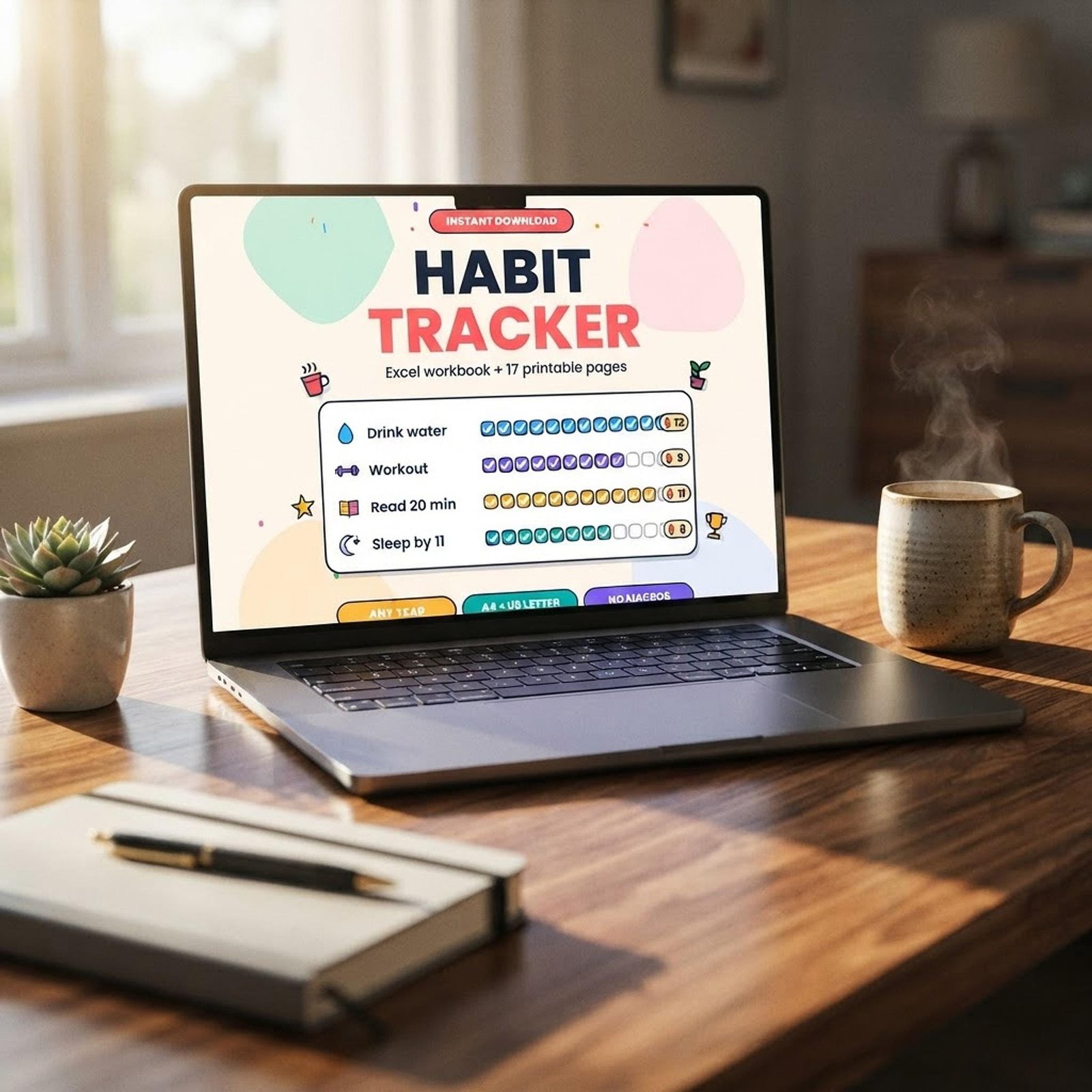 Habit tracker spreadsheet open in Google Sheets on a laptop with colourful daily check marks