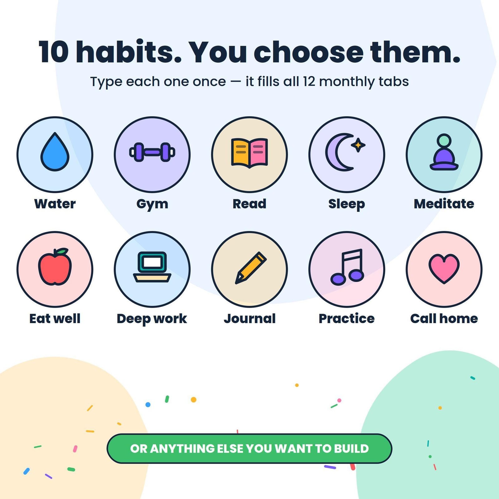 Ten customisable habit labels and icons such as water, gym, read and sleep