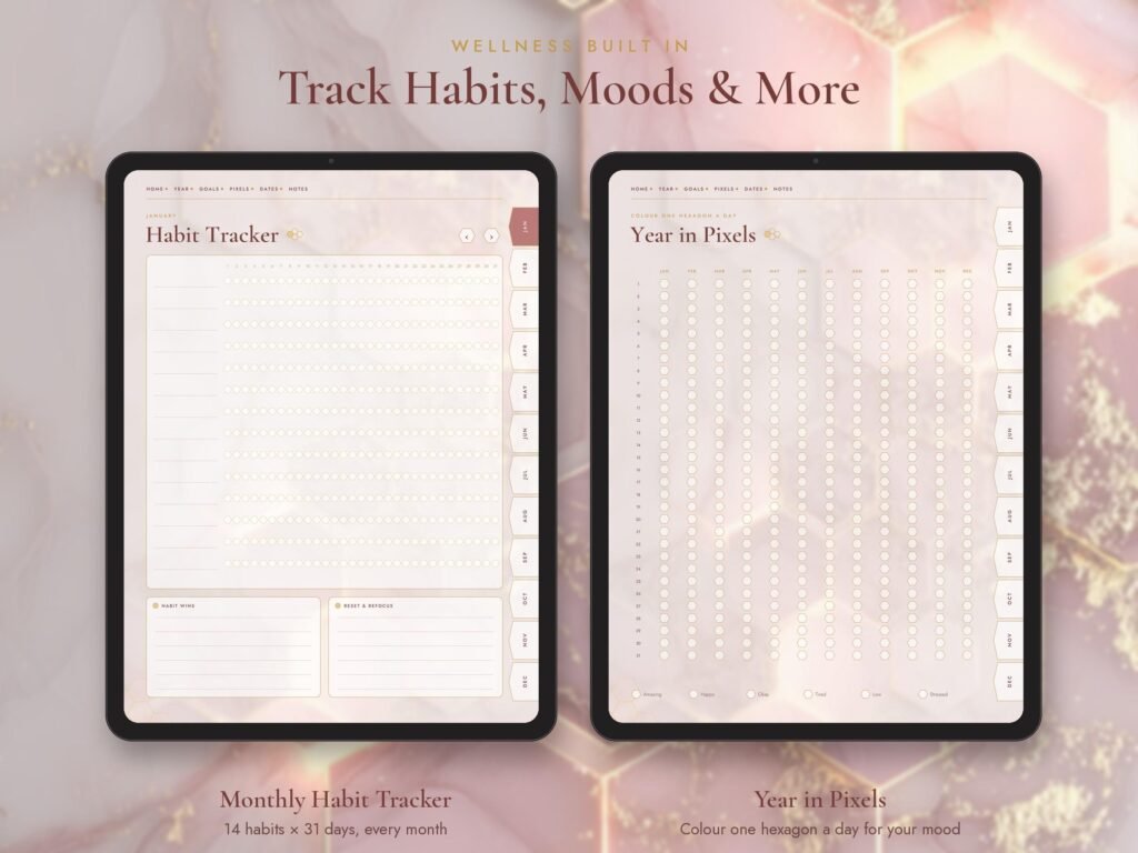 Habit tracker and year-in-pixels mood tracker pages for keeping your 2027 reset on track