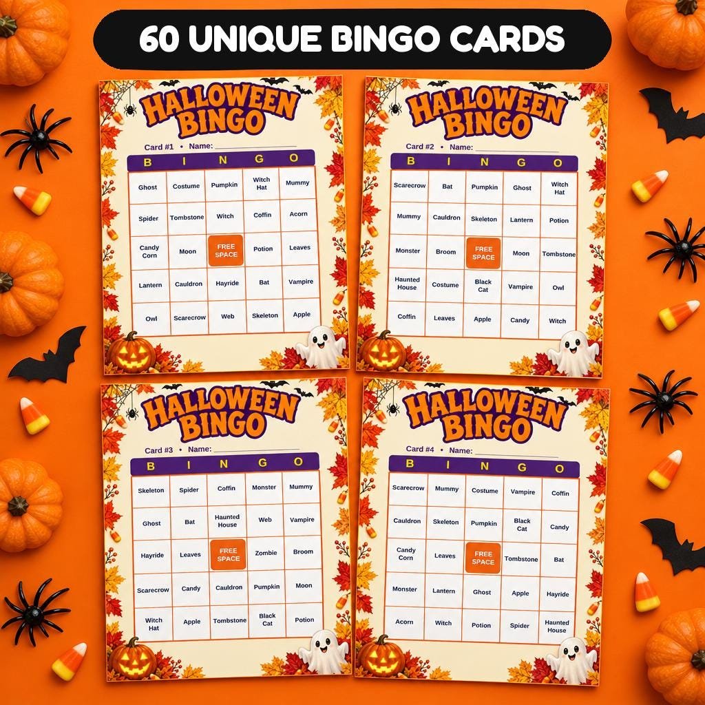 Preview of four of the 60 unique Halloween bingo cards