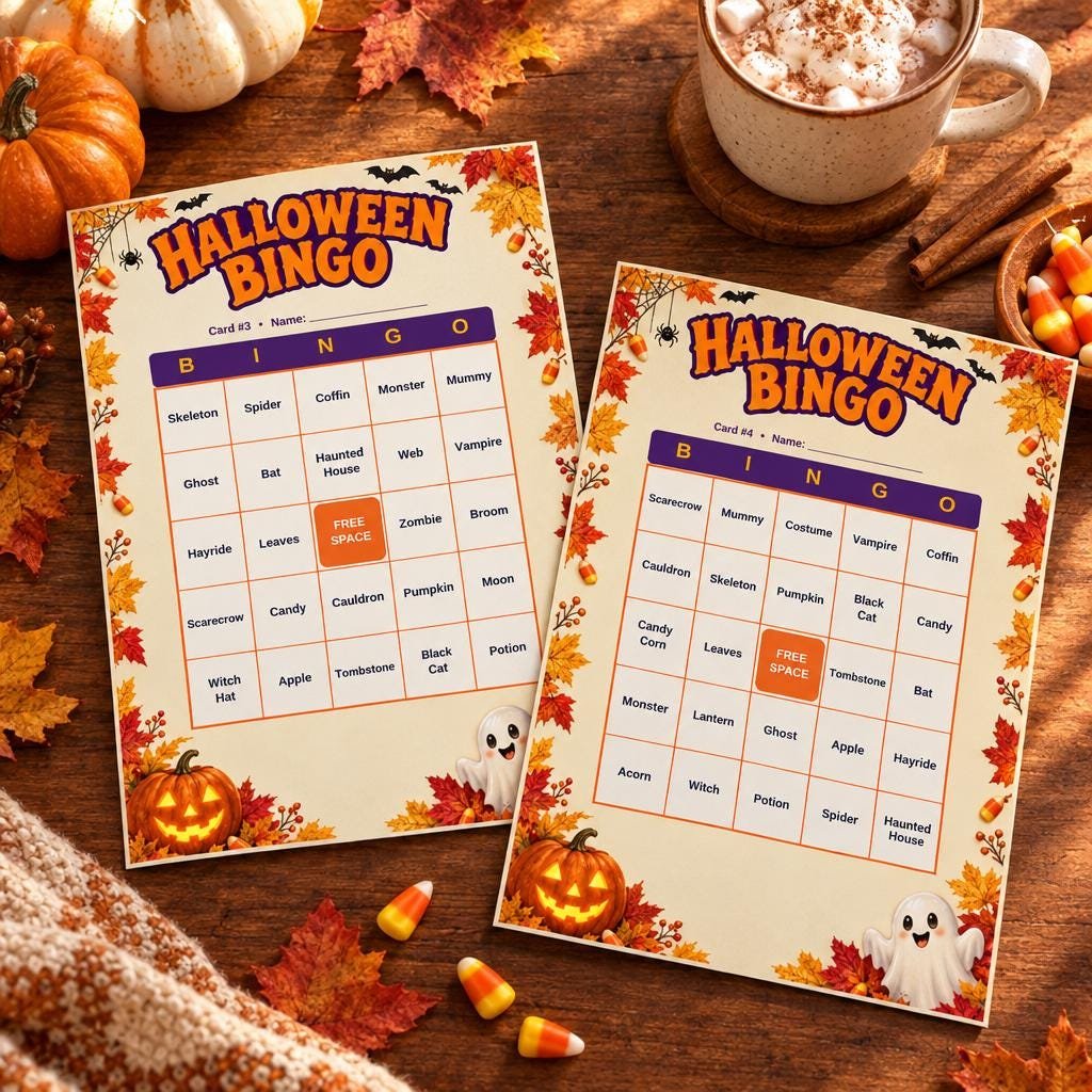 Two printed Halloween bingo cards on a table with autumn leaves and hot cocoa